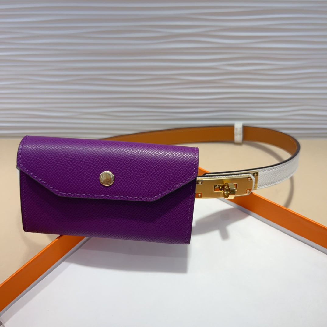 HM KELLY VIOLET PURPLE POCKET 18MM BELT WHITE LEATHER GOLD HARDWARE