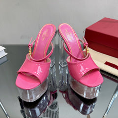 HIGH HEEL SANDAL 14CM IN BRIGHT PINK CALFSKIN AND TRANSPARENT PVC