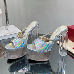 HIGH HEEL SANDAL 14CM IN SILVER CALFSKIN AND TRANSPARENT PVC