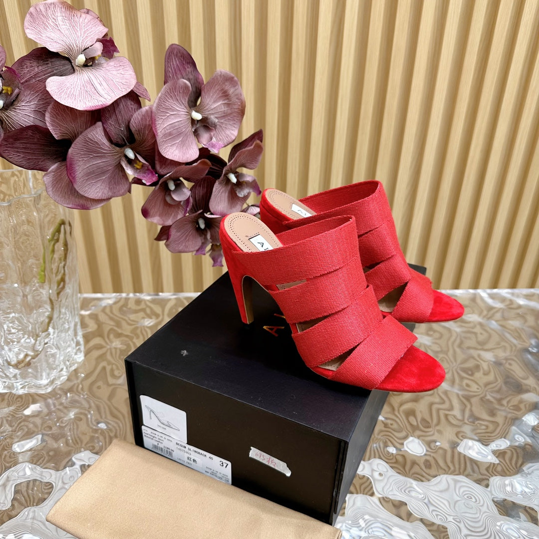 ALAIA ELASTIC CAGE MULE SANDALS IN CHERRY RED WOVEN STRAP AND LAMBSKIN