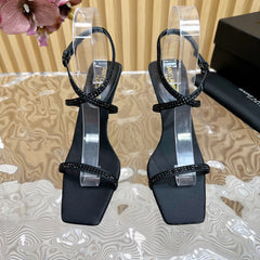 NUIT SANDALS 85 IN BLACK CREPE SATIN AND BLACK RHINESTONES
