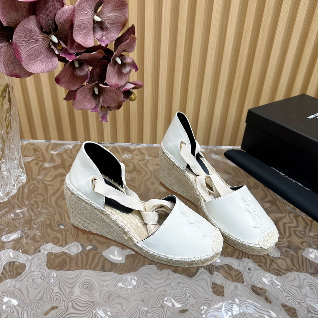 SL WEDGE SANDALS WHITE CALFSKIN AND STRAW