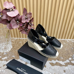 SL WEDGE SANDALS BLACK CALFSKIN AND STRAW