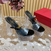 HIGH HEEL SANDAL 14CM IN BLACK CALFSKIN AND TRANSPARENT PVC