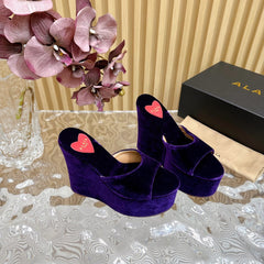 ALAIA PLATFORM WEDGE IN VIOLET PURPLE VELVET WITH HEART EMBROIDERED