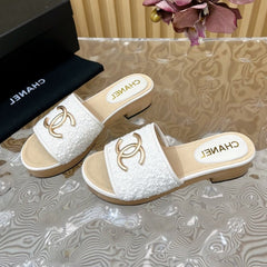 PLATFORM SLIPPERS IN WHITE TWEED AND LAMBSKIN
