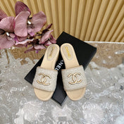 PLATFORM SLIPPERS IN LIGHT GREY TWEED AND LAMBSKIN