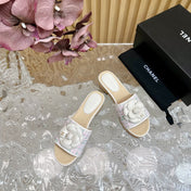 PLATFORM SLIPPERS WITH FLOWER IN WHITE LAMBSKIN