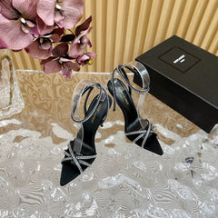 SL ONE-STRAP RHINESTONE BLACK SATIN