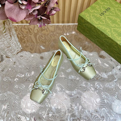 BALLET FLAT IN JADE GREEN SILK WITH SILVER HARDWARE