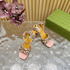 HORSEBIT HIGH-HEEL SANDAL WITH LEOPARD PRINT IN LIGHT PINK VELVET AND CALFSKIN LINING