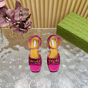 HORSEBIT HIGH-HEEL SANDAL WITH LEOPARD PRINT IN MAGENTA PINK VELVET AND CALFSKIN LINING
