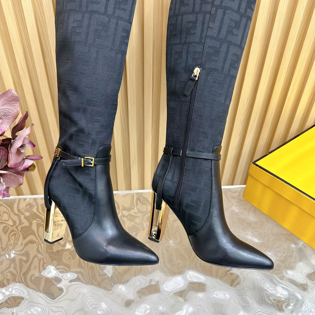 FF BOOTIES HIGH BOOTS IN BLACK CALFSKIN AND MONOGRAM FF FABRIC