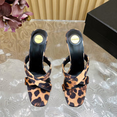 OPYUM 10 CM HIGH MULES IN LEOPARD PRINT SILK