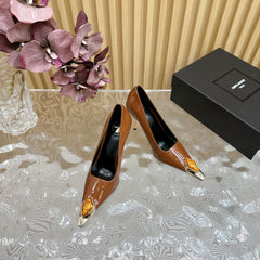 ORANGE GEM-STUDDED HIGH PUMPS IN BRONZE BROWN PATENT CALFSKIN