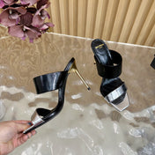 BALMAIN 25S MULES IN STRIPED LEATHER 95MM IN BLACK AND SILVER CALFSKIN