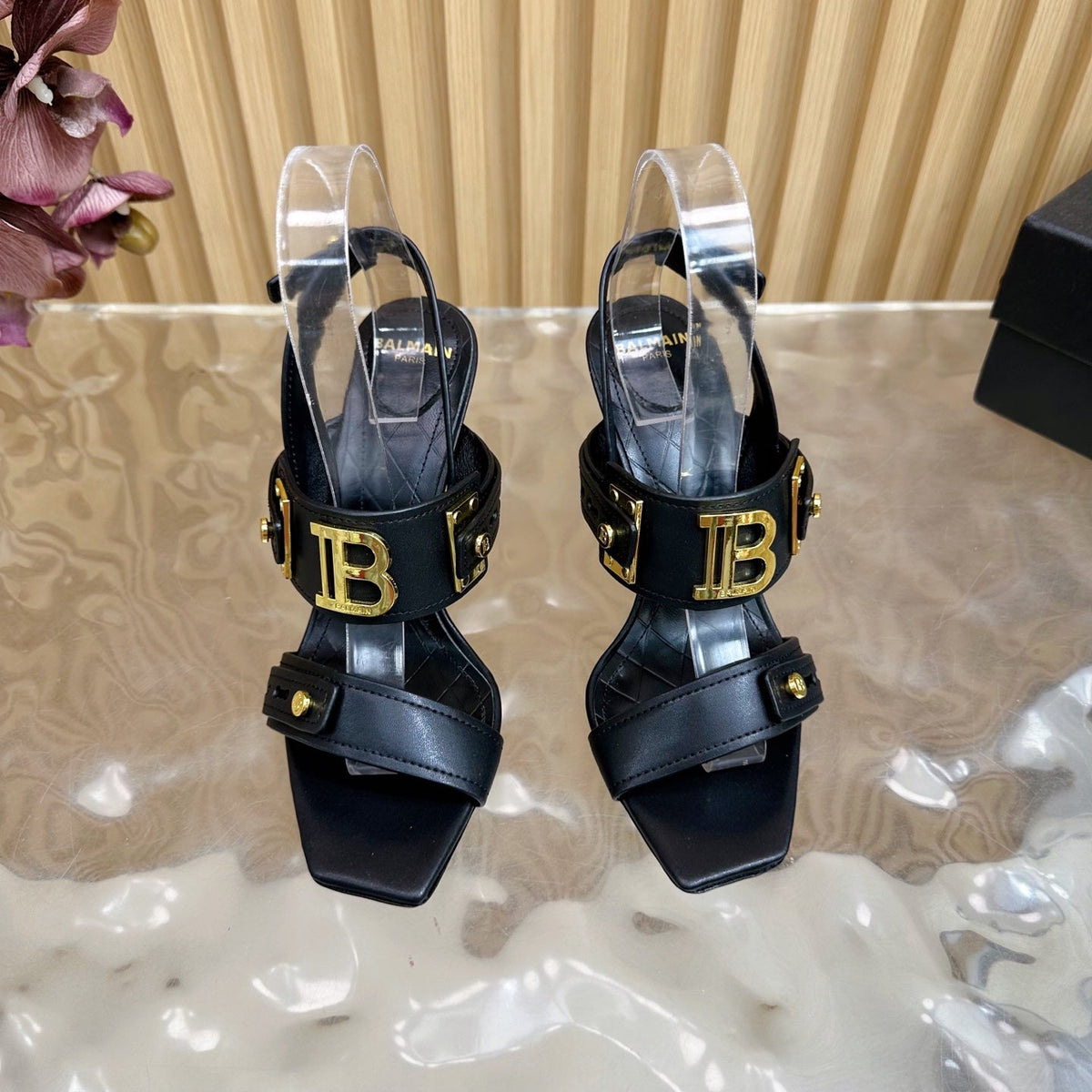 BALMAIN 25S RHINESTONE STILETTO SANDALS 95MM IN BLACK CALFSKIN