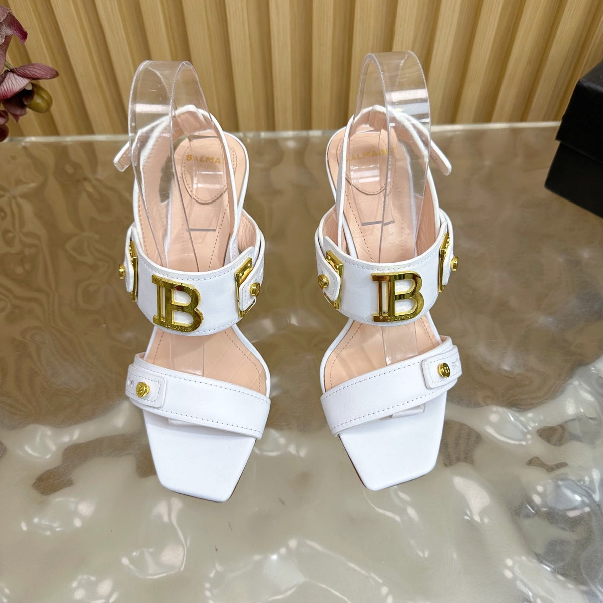 BALMAIN 25S RHINESTONE STILETTO SANDALS 95MM IN WHITE CALFSKIN