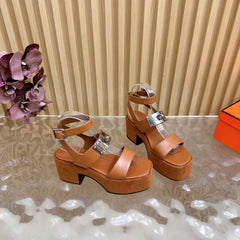 HM 25S CLASSIC WEDGE SANDALS 70 MM IN BROWN LAMBSKIN WITH SILVER HARDWARE