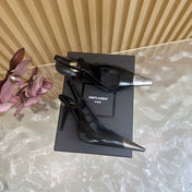 YSL 25S HIGH-HEEL SLINGBACKS 85 MM IN BLACK SHINY LAMBSKIN AND SILVER HARDWARE