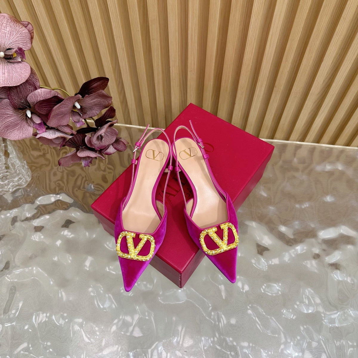 VALENTINO 25S HIGH-HEEL SLINGBACKS IN DARK PINK VELVET WITH GOLD HARDWARE