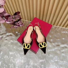 VALENTINO 25S FLAT SLINGBACKS IN DARK BROWN VELVET WITH GOLD HARDWARE