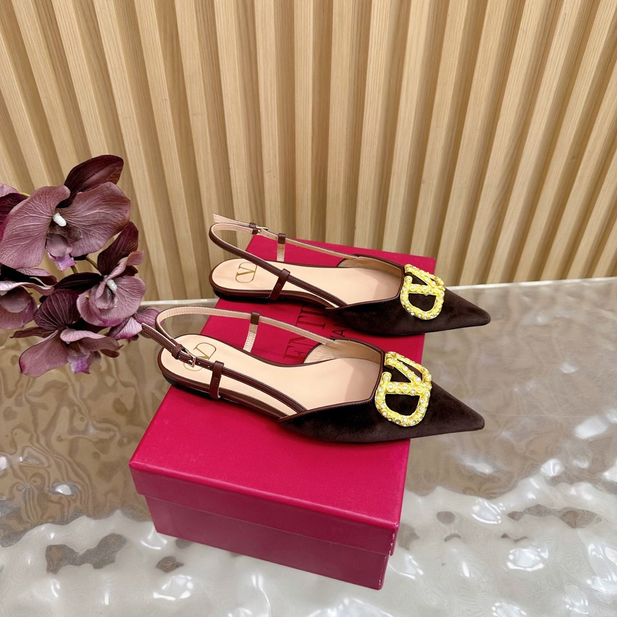 VALENTINO 25S FLAT SLINGBACKS IN DARK BROWN VELVET WITH GOLD HARDWARE
