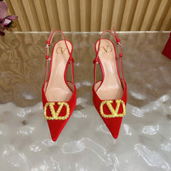 VALENTINO 25S HIGH-HEEL SLINGBACKS IN RED VELVET WITH GOLD HARDWARE