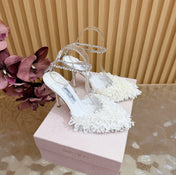 JIMMY CHOO 26S HIGH HEELS 100 MM IN WHITE FABRIC AND LAMBSKIN CRYSTAL STRAPS