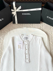 Chanel 25P Long-Sleeve Top White Tweed Pearl Buttons 237299