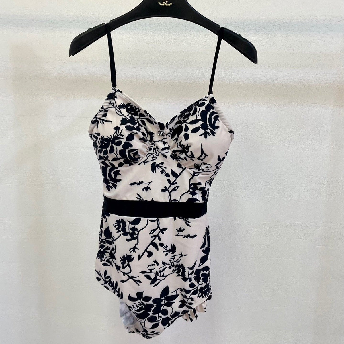CC BIKINI SWIMSUIT SET IN IVORY WITH BLACK VELVET FLORAL EMBROIDERY 581303