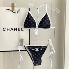 CC BIKINI SWIMSUIT SET IN BLACK AND WHITE TRIM WHITE LOGO PRINTED 608921