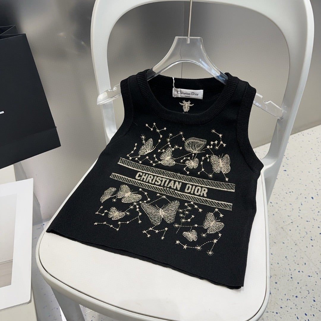 TANK TOP 610351 IN BLACK COTTON RIBBED EMBOSSED BUTTERFLY