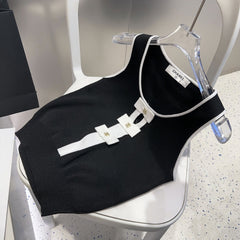 TANK TOP 610340 IN BLACK COTTON RIBBED WHITE BOW