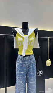 TANK TOP 615186 IN WHITE AND YELLOW COTTON RIBBED KNIT