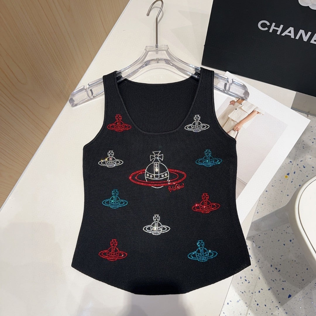 TANK TOP 639168 IN BLACK COTTON RIBBED KNIT EMBOSSED CRYSTAL