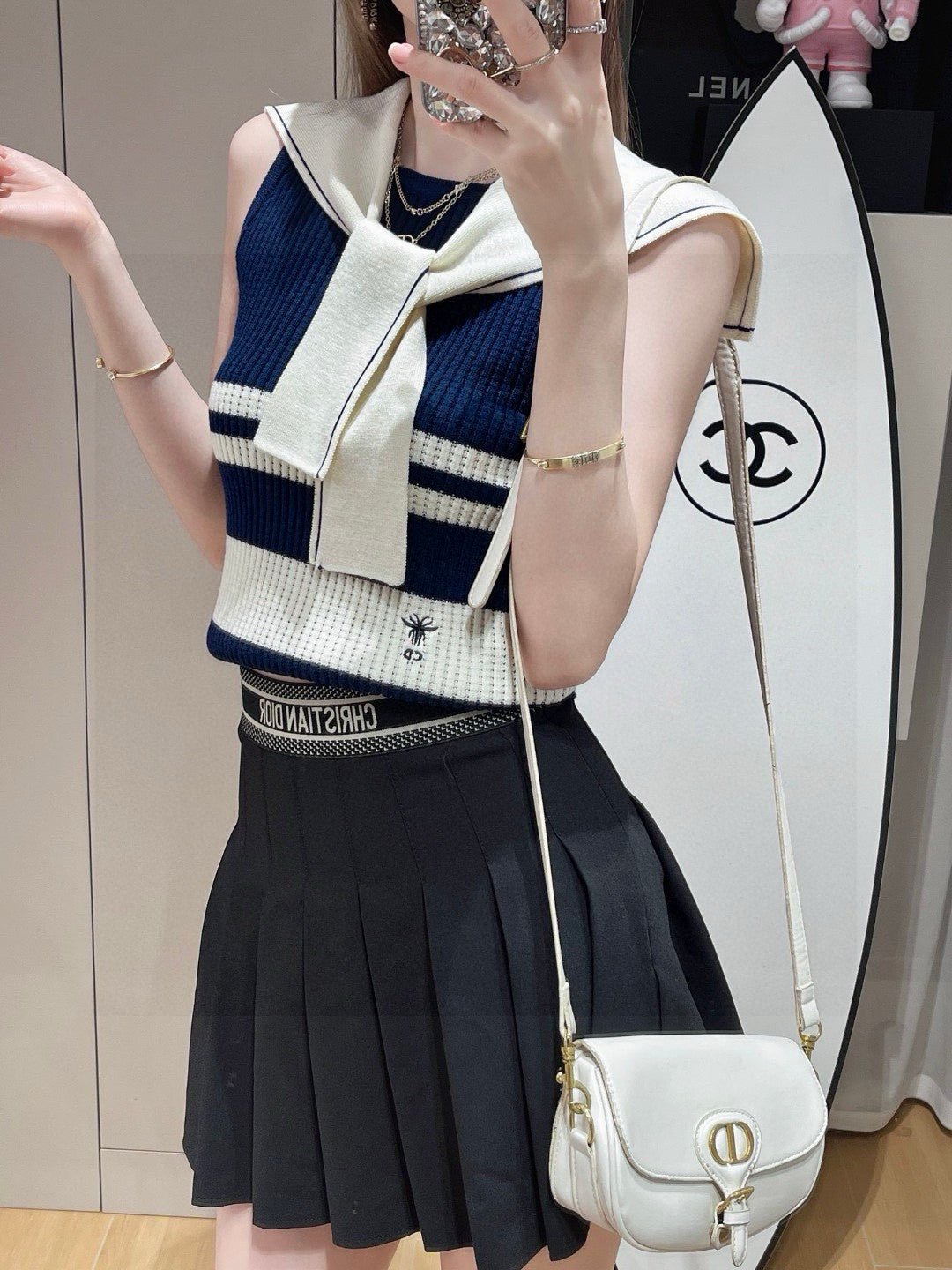 STRIPED TANK TOP 612059 IN NAVY BLUE AND WHITE COTTON RIBBED