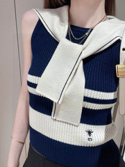 STRIPED TANK TOP 612059 IN NAVY BLUE AND WHITE COTTON RIBBED