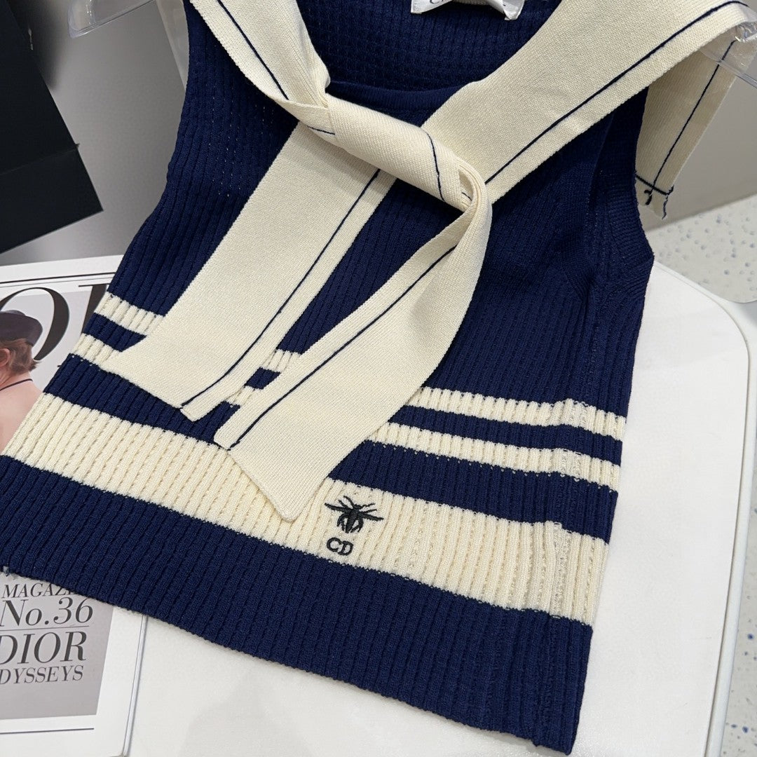 STRIPED TANK TOP 612059 IN NAVY BLUE AND WHITE COTTON RIBBED