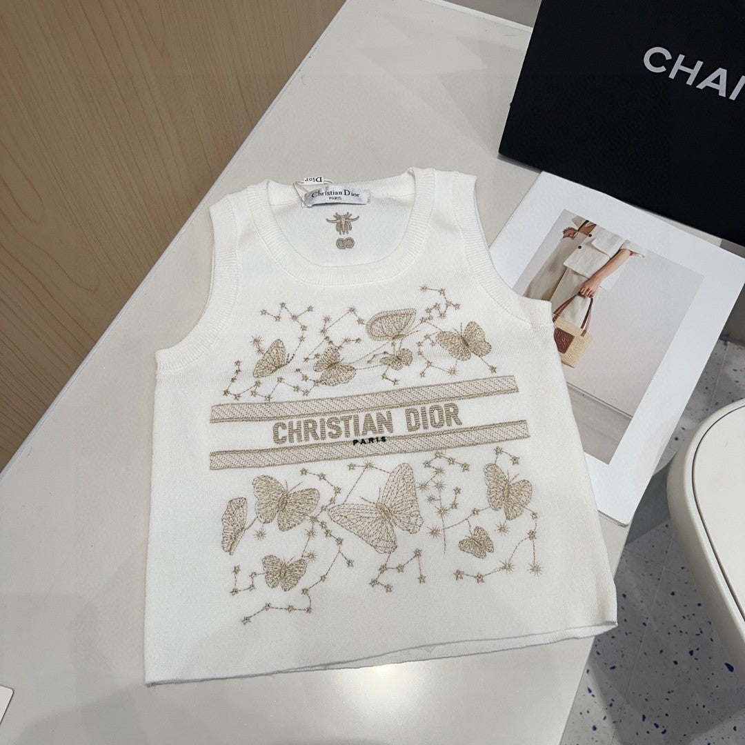 TANK TOP 610350 IN WHITE COTTON RIBBED EMBOSSED BUTTERFLY