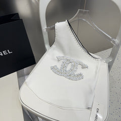 ONE SHOULDER TOP 622140 IN WHITE COTTON EMBOSSED PEARL TRIM