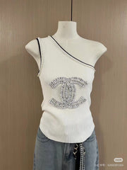 ONE SHOULDER TOP 622140 IN WHITE COTTON EMBOSSED PEARL TRIM