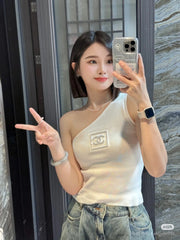 ONE SHOULDER TOP 624508 IN WHITE COTTON MULTICOLOR LOGO