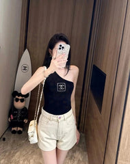 ONE SHOULDER TOP 624509 IN BLACK COTTON MULTICOLOR LOGO