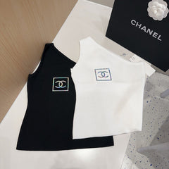 ONE SHOULDER TOP 624509 IN BLACK COTTON MULTICOLOR LOGO