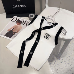 TANK TOP 624514 IN WHITE COTTON RIBBED BLACK TRIM AND BOW