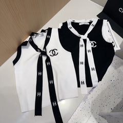 TANK TOP 624514 IN WHITE COTTON RIBBED BLACK TRIM AND BOW