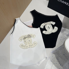 ONE SHOULDER TOP 643219 IN BLACK COTTON EMBOSSED PEARL