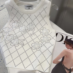 TANK TOP 633204 IN WHITE COTTON RIBBED KNIT EMBOSSED FLORAL