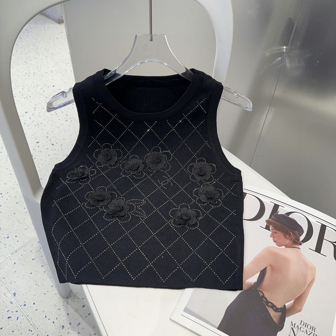 TANK TOP 633205 IN BLACK COTTON RIBBED KNIT EMBOSSED FLORAL